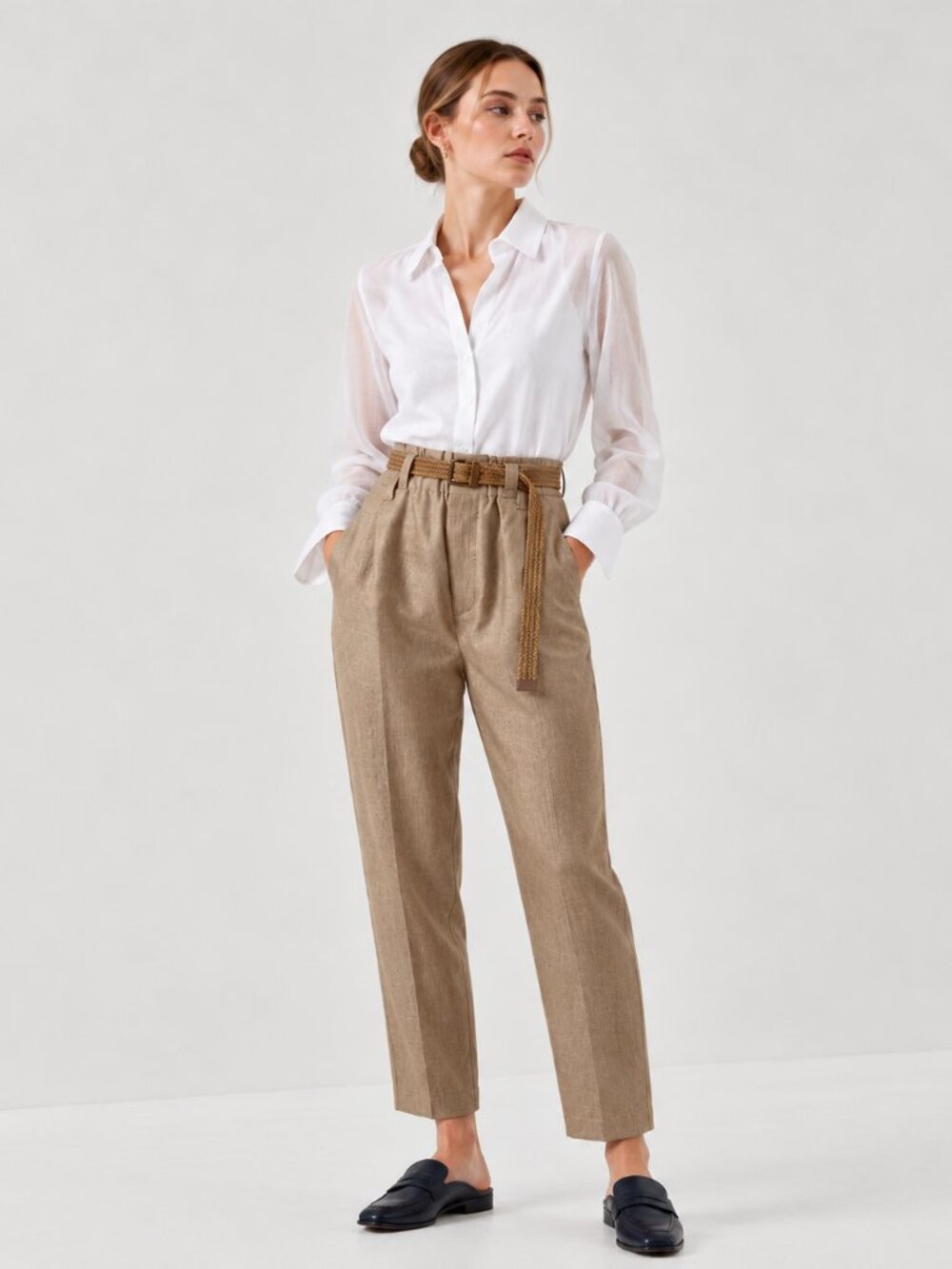 Brunello Cucinelli Linen Pants Tan Elastic Waist Pull On Relaxed Size 12 New Tag